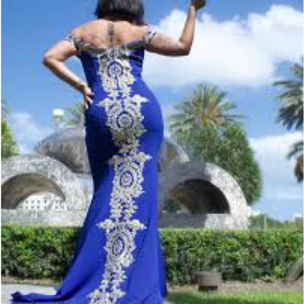 Royal Blue Gold  Embellished Off-Shoulder Prom Gown